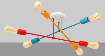 Plafondlamp Cambridge, 6-lamps oranje-rood-turquoise