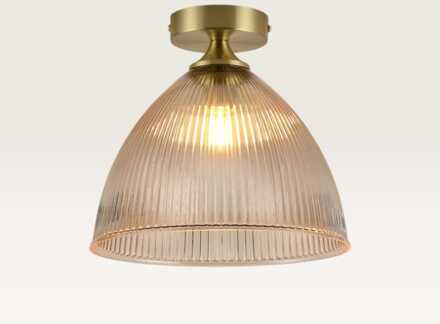 Plafondlamp Ciotola ambra - Koepelvormige bol van geribbeld amberkleurig glas en metalen gouden drager - Zonder lichtbron