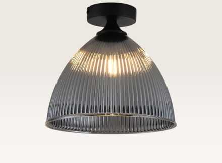 Plafondlamp Ciotola vetro fumé - Koepelvormige bol van geribbeld rookglas en metalen zwarte drager - Zonder lichtbron