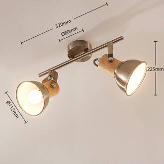 Plafondlamp Dennis met hout, 2-lamps gesatineerd nikkel, helder hout