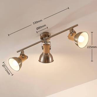Plafondlamp Dennis met hout, 3-lamps, langwerpig gesatineerd nikkel, helder hout