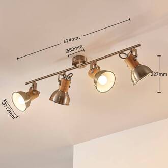 Plafondlamp Dennis met hout, 4-lamps gesatineerd nikkel, helder hout