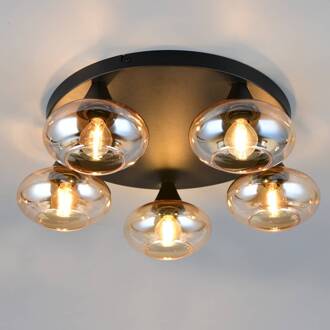 Plafondlamp Divina, amberkleurig, Ø 49 cm, 5-lamps, glas amberkleurig, zwart
