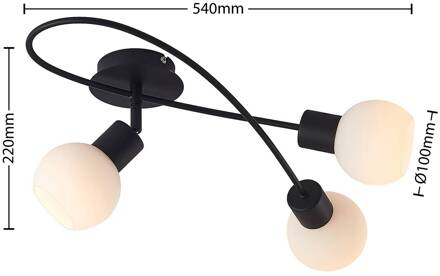 plafondlamp Elaina 3-lamps lang, zwart wit zwart, opaalwit
