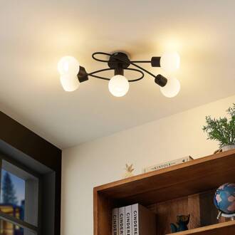 plafondlamp Elaina, 66 cm, 5-lamps, zwart/wit, E14 zwart, opaalwit