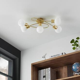 plafondlamp Elaina, 66cm, 5-lamps, messingkleurig, glas messing, opaal wit