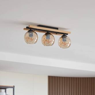 plafondlamp Enrique, amber, 3-lamps, glas, hout, E27 licht hout, amber, zwart