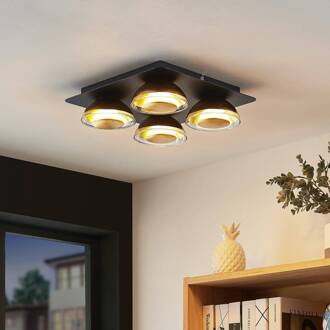 plafondlamp Erin, 4-lamps, 30 cm, zwart/goud, glas matzwart, bladgoud