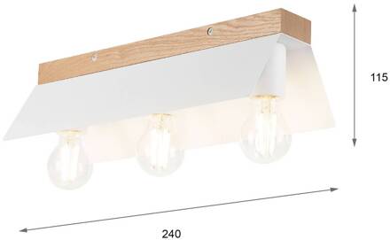 Plafondlamp Esme, wit, lengte 40 cm, metaal/hout, 3-lamps wit, eik