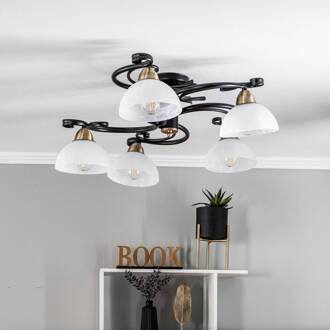 Plafondlamp Flora, 5 glazen kappen, zwart/messing gesatineerd, zwart, messing