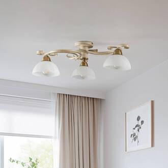 Plafondlamp Flora, drie glazen kappen, wit/messing wit, gesatineerd, messing