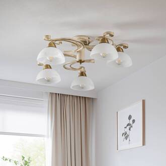 Plafondlamp Flora, vijf glazen kappen, wit/messing wit, gesatineerd, messing