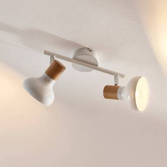 Plafondlamp Fridolin in wit metaal met twee lampen wit, helder hout