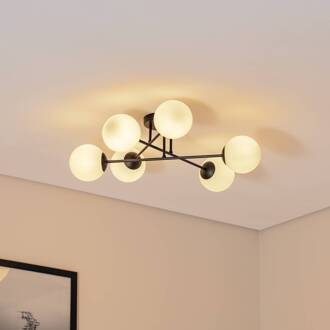 Plafondlamp Glassy, 6-lamps, zwart/opaal zwart, wit opaal