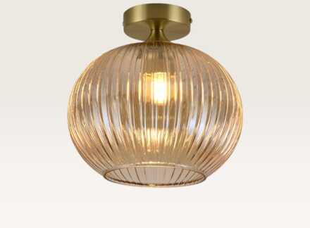Plafondlamp Globo ambra - Lamp voor binnen, gemaakt van geribbeld amberkleurig glas en goud metaal - Zonder lichtbron