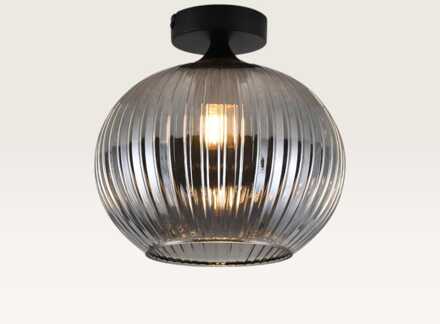 Plafondlamp Globo vetro fumé - Bol van geribbeld rookglas en zwarte drager van metaal - Zonder lichtbron