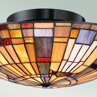 Plafondlamp Inglenook, Tiffany-stijl, staal, glas, kleurrijk veelkleurig