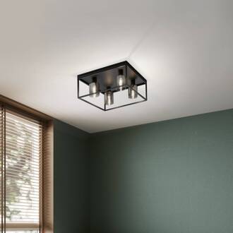Plafondlamp Iska met frame, 4-lamps zandzwart, rookgrijs, helder