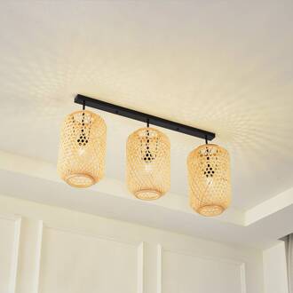 plafondlamp Jorick, 3-lamps, lengte 104,5cm, bamboe licht hout, zwart