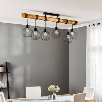 Plafondlamp Karou, 6-lamps, dennenhout, bruin dennenhout gebeitst, bruin, zwart