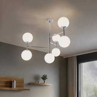 Plafondlamp Korek, chroom/wit, glas, 75 cm, 7-lamps, E14 wit, chroom