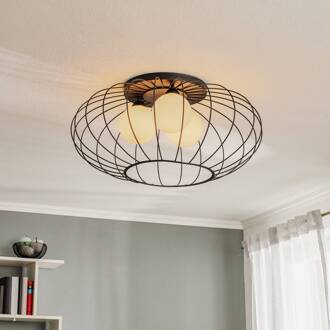 Plafondlamp Kronos, kooi zwart, drie opaalbollen zwart, opaal