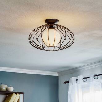 Plafondlamp Kronos, kooi zwart, één opaalbol zwart, opaal