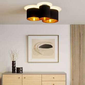 plafondlamp Laurenz, 3-lamps, zwart/goud, textiel zwart, goud