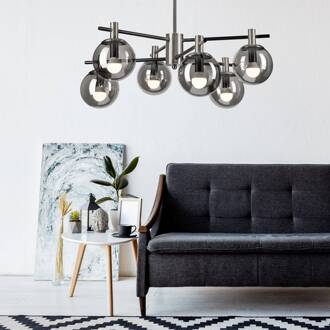 Plafondlamp Lilou, Ø 53 cm, rookgrijs, glas/metaal, 6-lamps. Rookgrijs, chroom