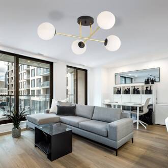 Plafondlamp Magnum, 4-lamps, opaalwit/goud/zwart, glas opaalwit, goudzwart