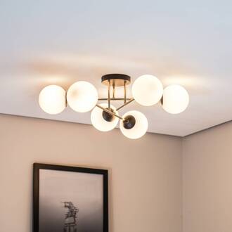 Plafondlamp Magnum, 6-lamps, opaalwit/goud/zwart, glas opaalwit, goudzwart