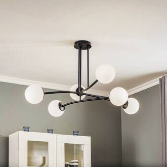 Plafondlamp Major, zwart, 6-lamps zwart, wit opaal