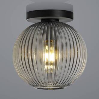 Plafondlamp met rookglas, 1-lamp, rond rookgrijs-transparant, zwart