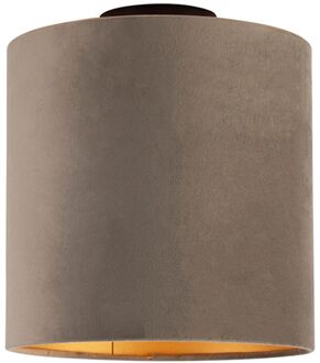 Plafondlamp met velours kap taupe met goud 25 cm - Combi zwart Bruin