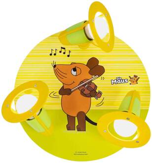 Plafondlamp Mouse, geel, Ø 29 cm, 3-lamps, hout geel, groen, oranje