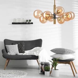 Plafondlamp Natalia, 8-lamps, glas, goud goud, amber