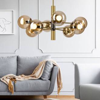 Plafondlamp Natalia, goudkleurig, Ø 68 cm, glas, 8-lamps, E14 goud, amber