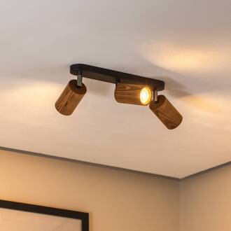 Plafondlamp Nise, 3-lamps, langwerpig, zwart staal, hout zwart, licht hout