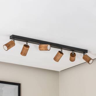 Plafondlamp Nise, 6-lamps, langwerpig, zwart staal, hout zwart, licht hout
