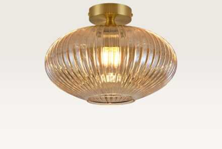 Plafondlamp Ovale ambra - Lamp voor binnen, gemaakt van geribbeld amberkleurig glas en goud metaal - Zonder lichtbron