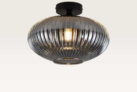 Plafondlamp Ovale vetro fumé - Bol van geribbeld rookglas en zwarte drager van metaal - Zonder lichtbron