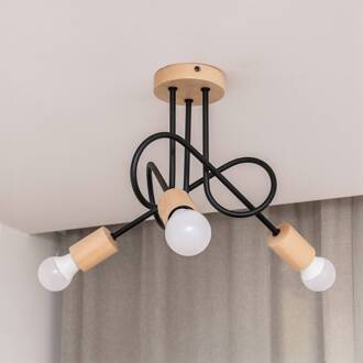 Plafondlamp Oxford, zwart, hout, metaal, 3-lamps, Ø 44 cm zwart, licht hout