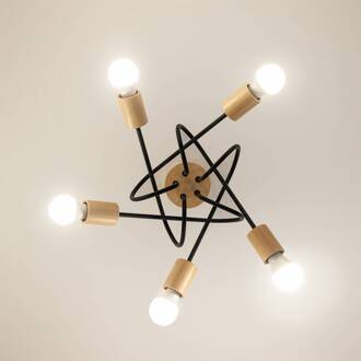 Plafondlamp Oxford, zwart, hout, metaal, 5-lamps, Ø 47 cm zwart, licht hout
