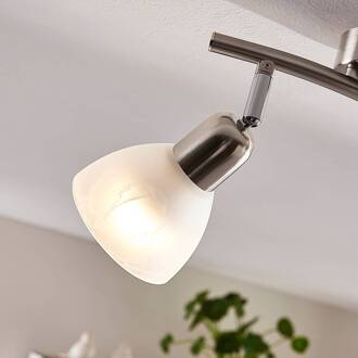 Plafondlamp Paulina, nikkelkleurig, 2-lamps albast wit, gesatineerd nikkel