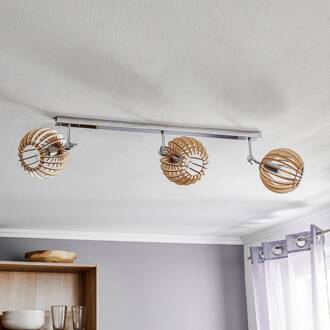 Plafondlamp Paz  chroom houten lamellenbol, 3-lamps. chroom, licht hout