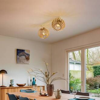 Plafondlamp Paz wit houten lamellen-bollen, 2-lamps. Hout licht, wit