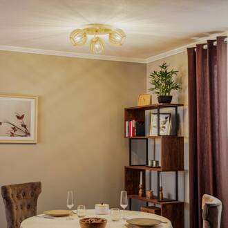 Plafondlamp Paz wit met houten lamellenbollen 3-lamps. Hout licht, wit