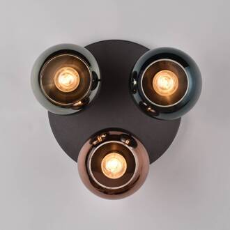 Plafondlamp Sheldon met drie glas-bolkappen zwart, blauw, groen, koper