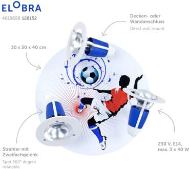 Plafondlamp Soccer, 3-lamps, blauw-wit