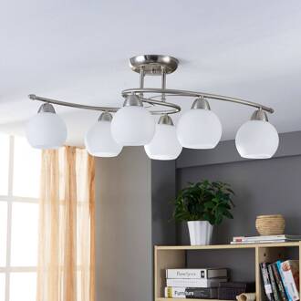 plafondlamp Svean, 6-lamps, wit, glas, lengte 75cm wit, mat nikkel